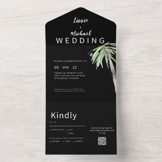 Hedendaagse palmboom zwart QR code bruiloft All In One Uitnodiging (Binnen)