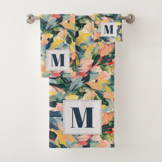 Hedendaagse perzik en blauwe Abstracte bloem Bad Handdoek (Insitu)