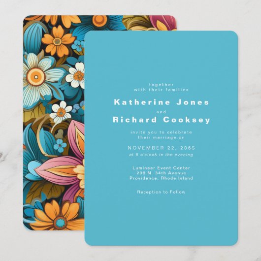 Hedendaagse Retro Bloemen Turquoise bruiloft Kaart (Voorkant / Achterkant)
