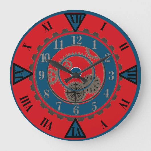 Hedendaagse rode en blauwe Steampunk wandklok (Voorkant)