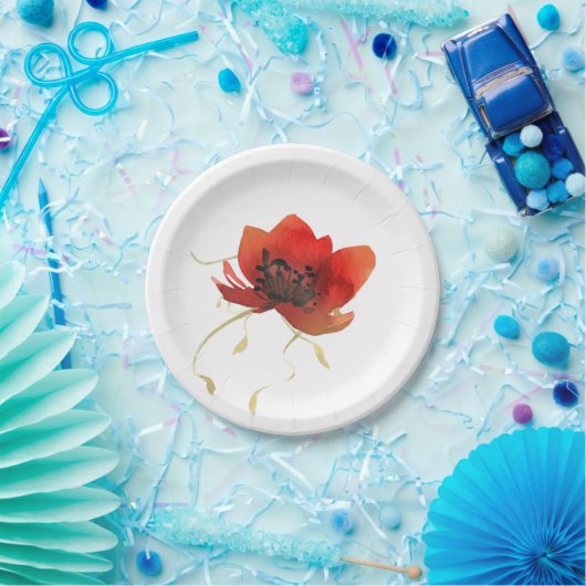 Hedendaagse rode klaproos en eenvoudige gouden bla papieren bordje (Feest)