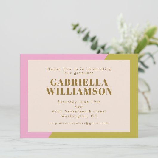 Hedendaagse roze groene chique afstudeerfeest kaart (Staand voorkant)