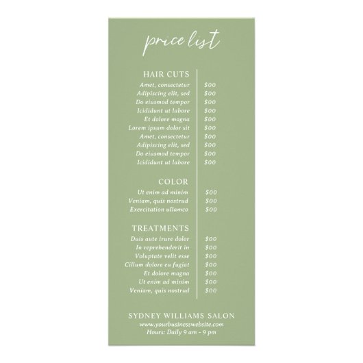 Hedendaagse Sage Groene Moderne prijslijst Reclamekaart (Voorkant)