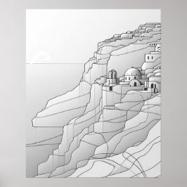 Hedendaagse Santorini Line Art in zwart-wit Poster