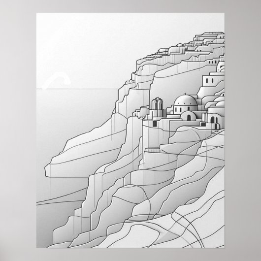Hedendaagse Santorini Line Art in zwart-wit Poster (Voorkant)