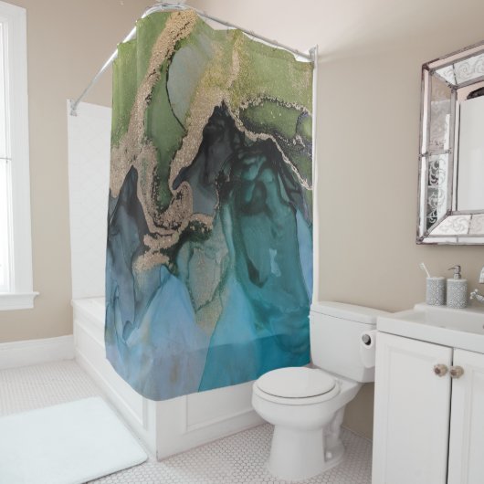 Hedendaagse turquoise Blauwgroen groen zwart Douchegordijn (In situ)