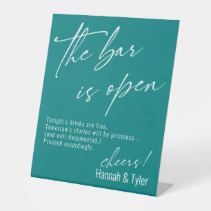 Hedendaagse typografie Teal De bar is open Reclamebord Met Voetstuk
