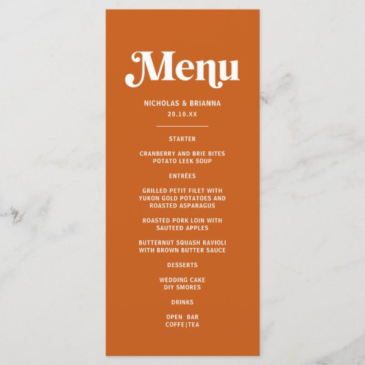 Hedendaagse Verbrande Oranje Retro Boho Bruiloft Menu (Voorkant)