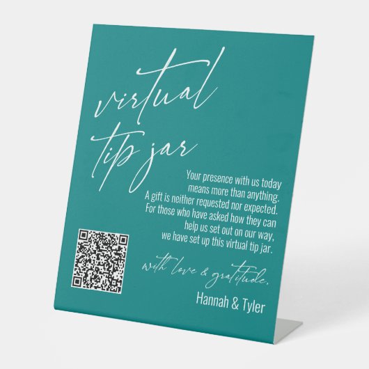 Hedendaagse Virtuele Fooi QR Code Teal Reclamebord Met Voetstuk (Voorkant)