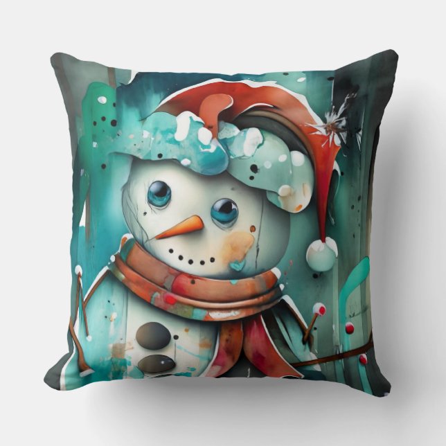 Hedendaagse waterverf sneeuwpop kussen (Voorkant)