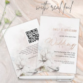 Hedendaagse waterverf witte bloemen QR-code bruilo Folie Uitnodiging