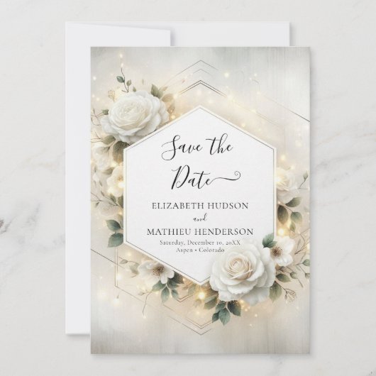 Hedendaagse witte rozen bruiloft afdrukbaar save the date (Voorkant)