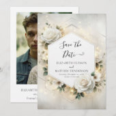 Hedendaagse witte rozen bruiloft afdrukbaar save the date (Voorkant / Achterkant)
