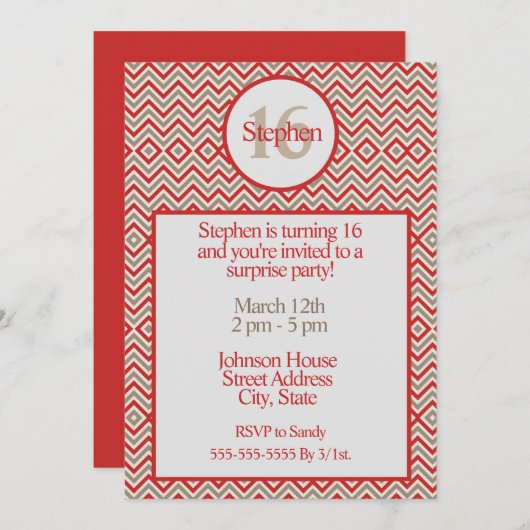 Hedendaagse Zig Zag rood wit en tan verjaardag Kaart (Voorkant / Achterkant)