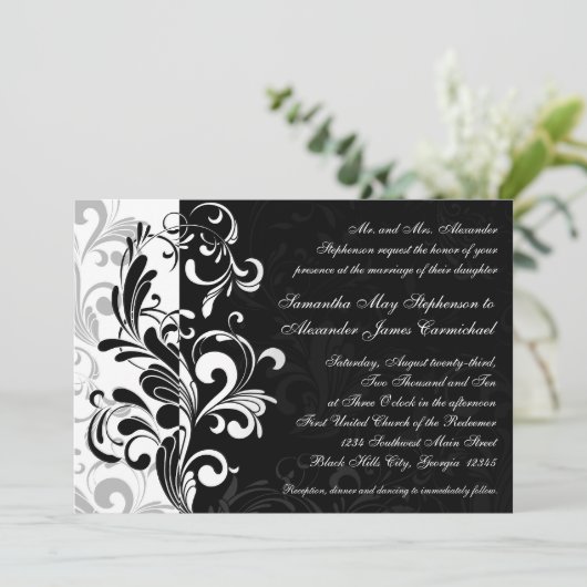 Hedendaagse zwart/wit werveling bruiloft uitnodigi kaart (Staand voorkant)