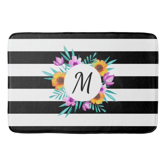 hedendaagse zwarte strepen - Floral monogram Badmat (Voorkant)