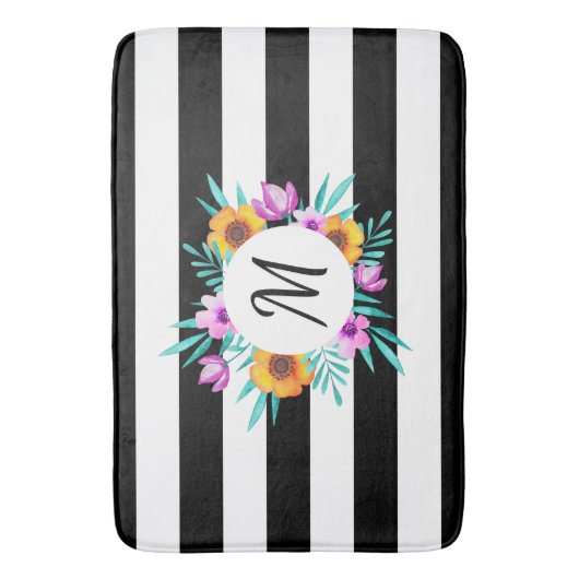 hedendaagse zwarte strepen - Floral monogram Badmat (Voorkant Verticaal)