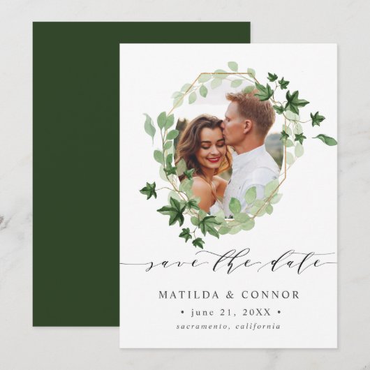 Hedera | Ivy Leaves Geometric foto save the date (Voorkant / Achterkant)