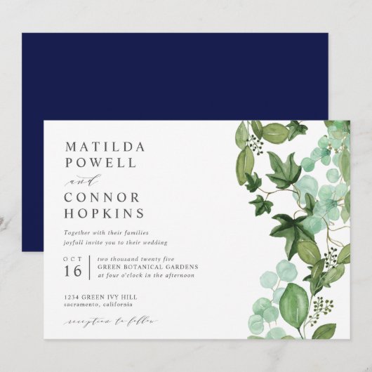 Hedera | Modern IVY Blue Garden Botanical Wedding Kaart (Voorkant / Achterkant)