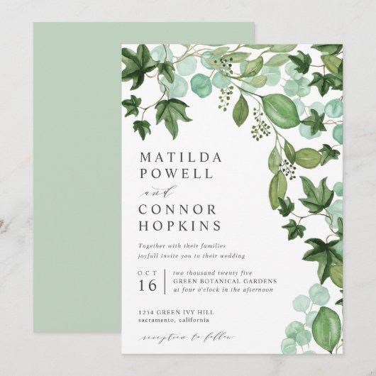 Hedera | Modern IVY Eucalyptus Botanical Wedding Kaart (Voorkant / Achterkant)