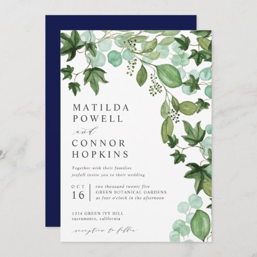 Hedera | Modern IVY Eucalyptus Botanical Wedding Kaart (Voorkant / Achterkant)