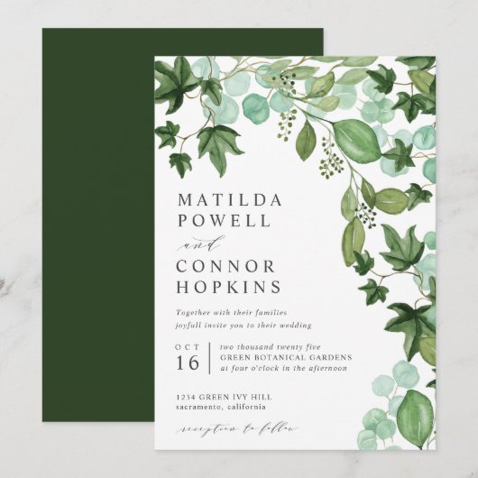 Hedera | Modern IVY Eucalyptus Botanical Wedding Kaart (Voorkant / Achterkant)