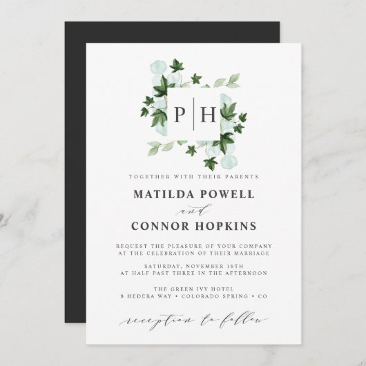 Hedera Monogram | Ivy Eucalyptus Botanical Wedding Kaart (Voorkant / Achterkant)