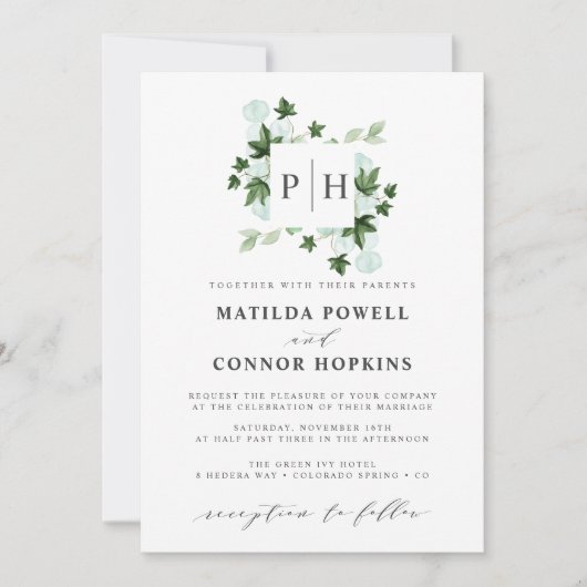 Hedera Monogram | Ivy Eucalyptus Botanical Wedding Kaart (Voorkant)