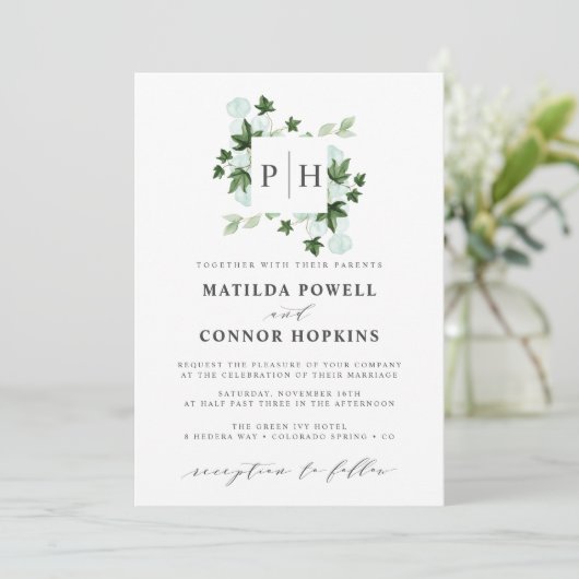 Hedera Monogram | Ivy Eucalyptus Botanical Wedding Kaart (Staand voorkant)