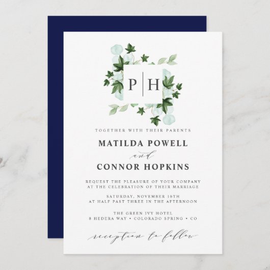 Hedera Monogram | Ivy Eucalyptus Botanical Wedding Kaart (Voorkant / Achterkant)