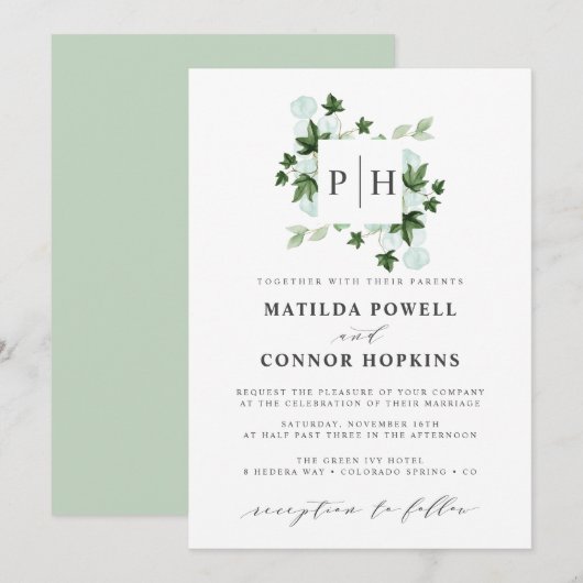 Hedera Monogram | Ivy Eucalyptus Botanical Wedding Kaart (Voorkant / Achterkant)