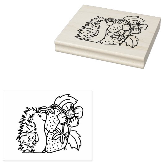 Hedgehog and Strawberries Rubberstempel (Gestempeld)