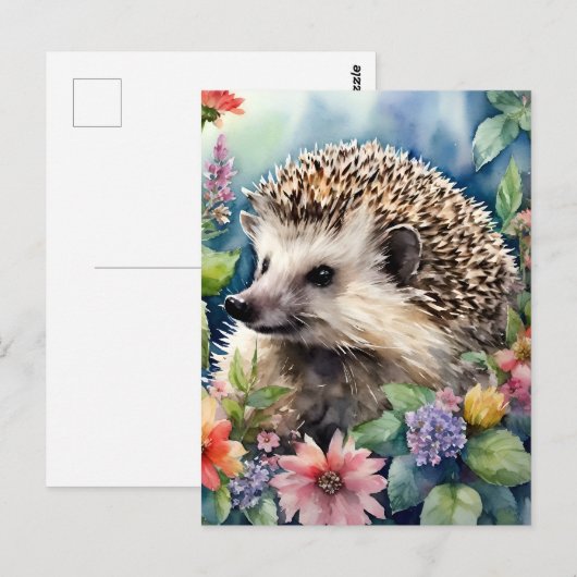 Hedgehog Bloemen Waterverf Briefkaart (Voorkant / Achterkant)