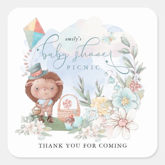 Hedgehog Boy Baby shower Picknick Florals Dank u Vierkante Sticker (Voorkant)