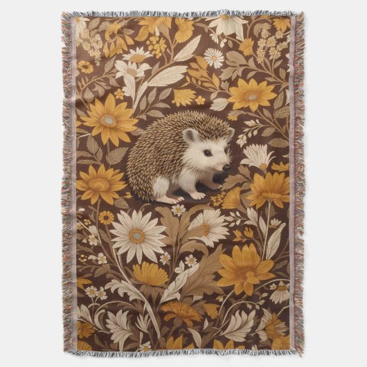 Hedgehog Brown Floral William Morris Geïnspireerd Deken (Voorkant Verticaal)