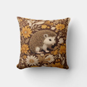Hedgehog Brown Floral William Morris Geïnspireerd Kussen