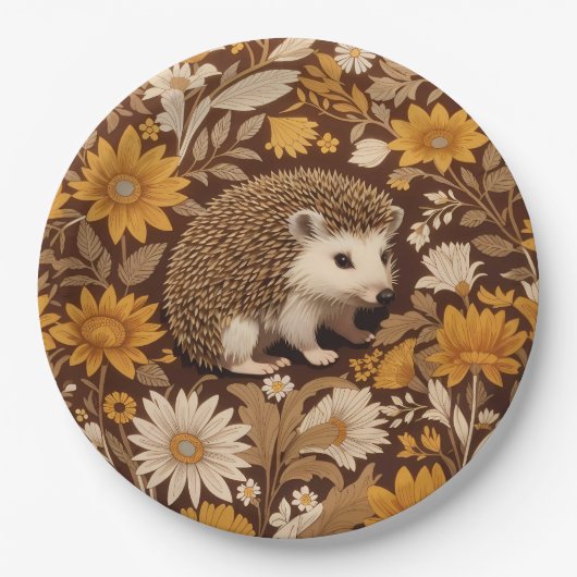 Hedgehog Brown Floral William Morris Geïnspireerd Papieren Bordje (Voorkant)