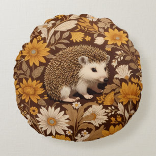 Hedgehog Brown Floral William Morris Geïnspireerd Rond Kussen