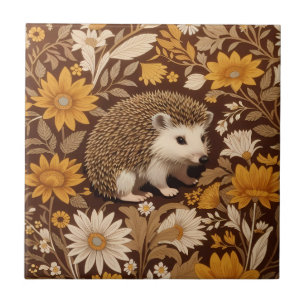 Hedgehog Brown Floral William Morris Geïnspireerd Tegeltje