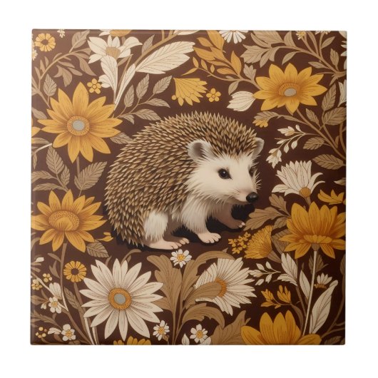 Hedgehog Brown Floral William Morris Geïnspireerd Tegeltje (Voorkant)