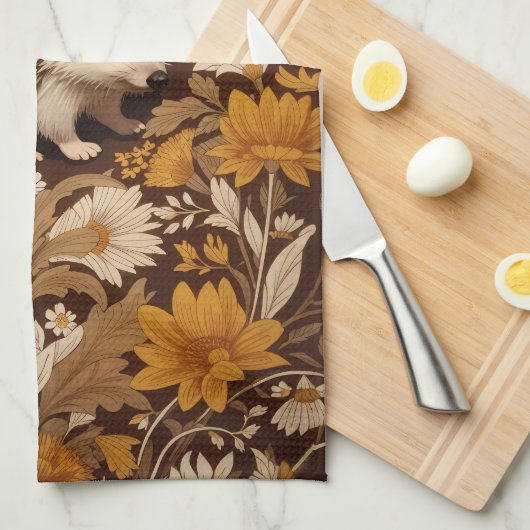 Hedgehog Brown Floral William Morris Geïnspireerd Theedoek (Quarter Fold)