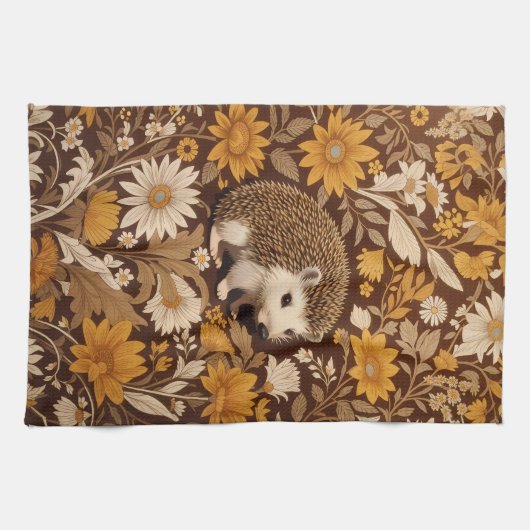 Hedgehog Brown Floral William Morris Geïnspireerd Theedoek (Horizontaal)