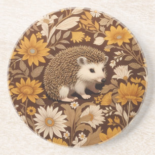 Hedgehog Brown Floral William Morris Geïnspireerd Zandsteen Onderzetter