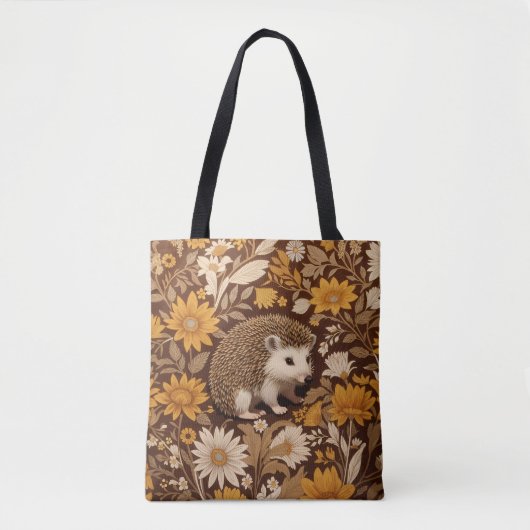 Hedgehog Brown Floral William Morris Inspired Tote Bag (Voorkant)