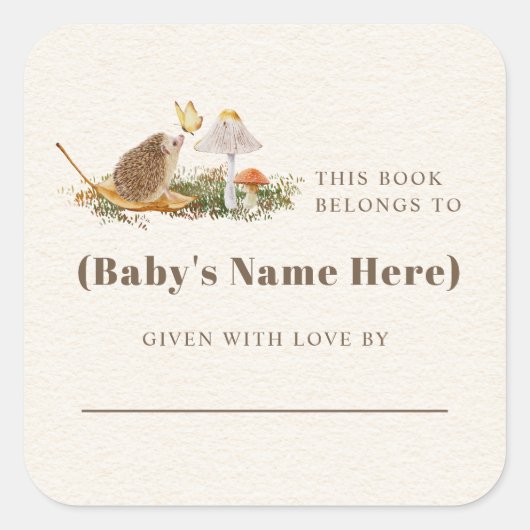 Hedgehog Butterfly Mushroom Baby shower Boek Vierkante Sticker (Voorkant)