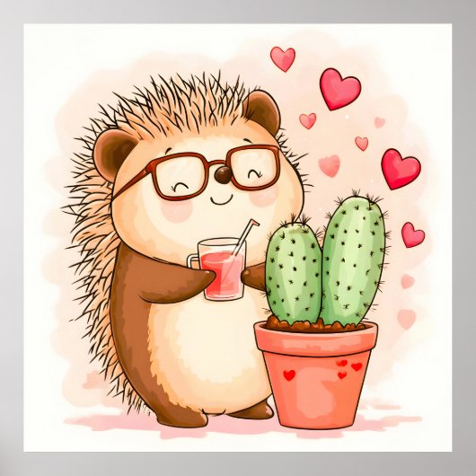 Hedgehog Cactus Cheers Waterverf Poster (Voorkant)
