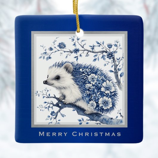 Hedgehog Chinoiserie Blue Toile Floral Christmas Keramisch Ornament