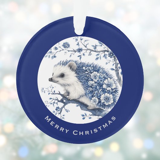 Hedgehog Chinoiserie Blue Toile Floral Christmas Ornament