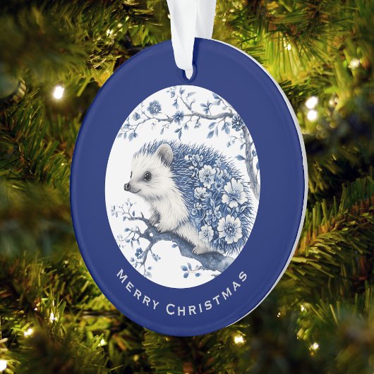 Hedgehog Chinoiserie Blue Toile Floral Christmas Ornament