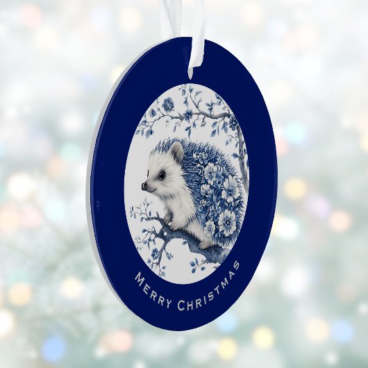 Hedgehog Chinoiserie Blue Toile Floral Christmas Ornament